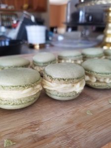 frosting filled matcha macarons