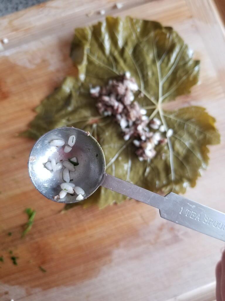 using about a tablespoon of the mixture for each stuffed grape leave