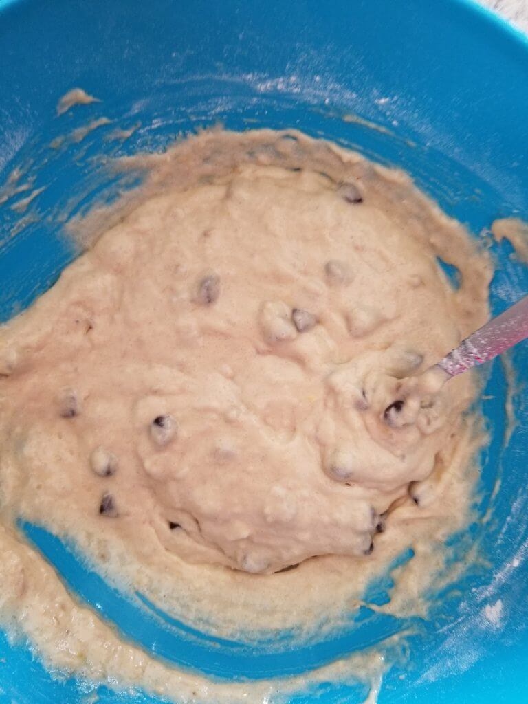 Mixed up banana chocolate chip muffin batter. 