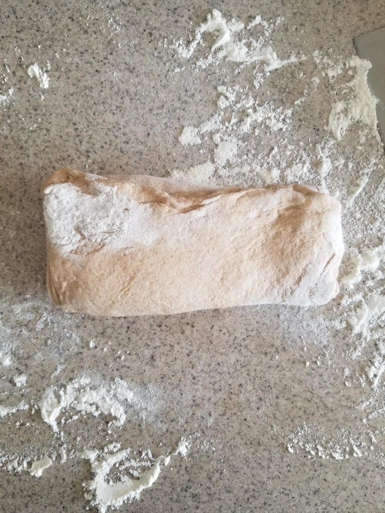 whole wheat ciabatta bread dough on a floured surface